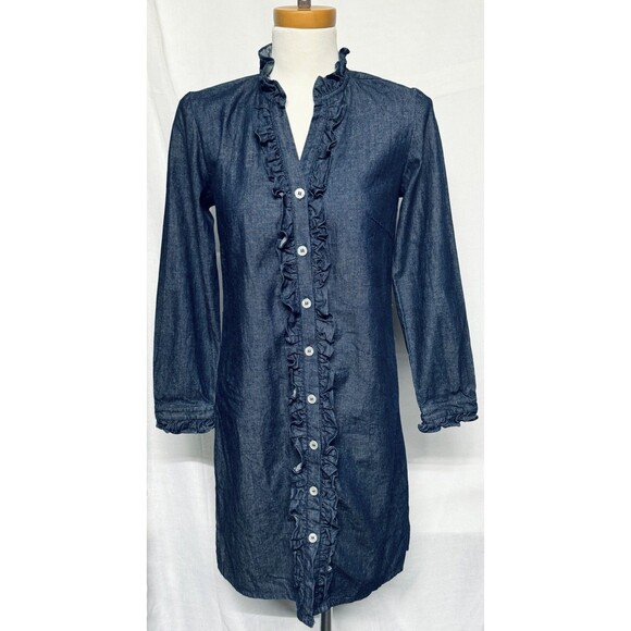 Kayce Hughes Dress Women's Size 2 Ruffle Button Up V-Neck Lightweight Denim - Picture 1 of 4